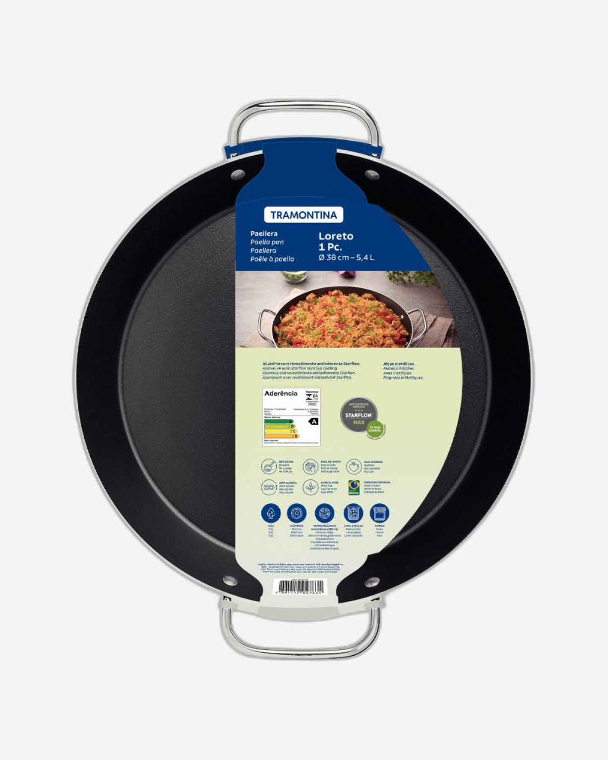 مقلاة ترامونتينا لوريتو المصنوعة من الألومنيوم والمخصصة للباييلا، مزودة بطبقة داخلية مانعة للالتصاق من نوع ستارفلون ماكس ومقابض معدنية، لون جرافيت، قطر 38 سم، سعة 5.4 لتر