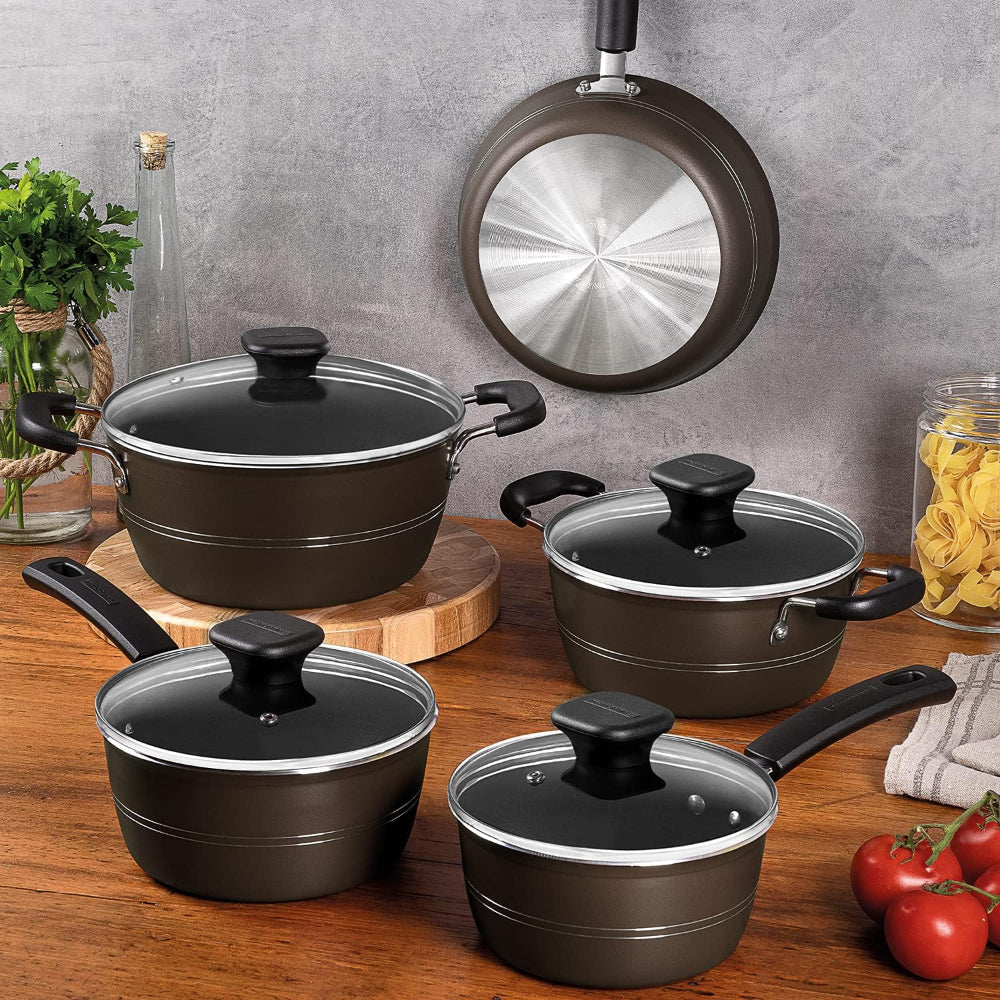 طقم أواني طهي من الألومنيوم بلون البندق من ترامونتينا برازيل سيسيليا، 9 قطع، مع طلاء ستارفلون ممتاز غير لاصق خالٍ من حمض بيرفلورو الأوكتانويك (PFOA) من الداخل والخارج