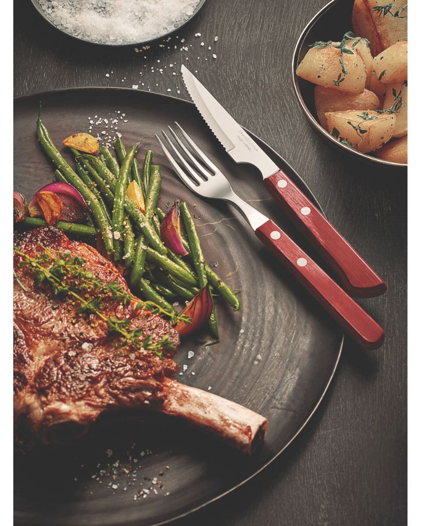 شوكة مائدة ترامونتينا تشوراسكو ذات أسنان من الفولاذ المقاوم للصدأ ومقبض من خشب البولي وود الأحمر المعالج