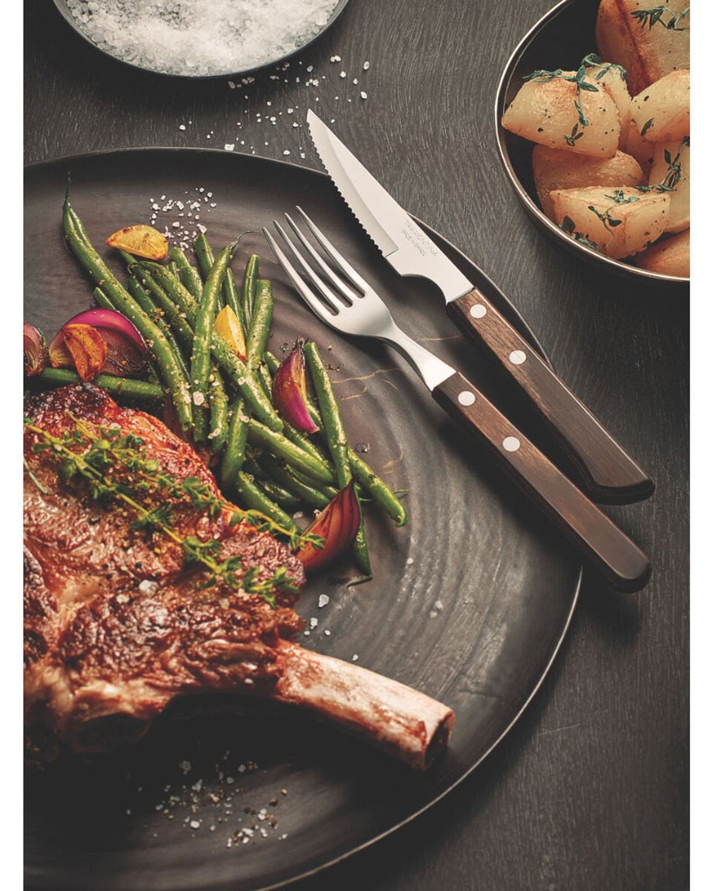 شوكة مائدة ترامونتينا تشوراسكو ذات أسنان من الفولاذ المقاوم للصدأ ومقبض من خشب البولي وود المعالج باللون البني