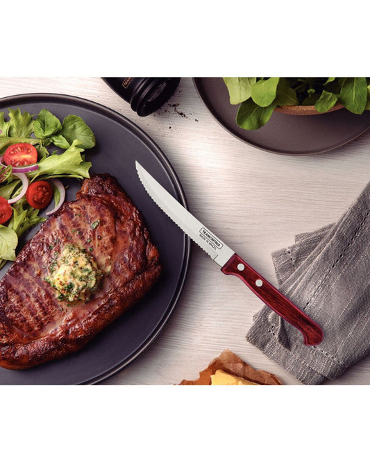 سكين ترامونتينا بولي وود 5 بوصة لتقطيع شرائح اللحم والفواكه بشفرة من الفولاذ المقاوم للصدأ ومقبض من الخشب المعالج باللون الأحمر