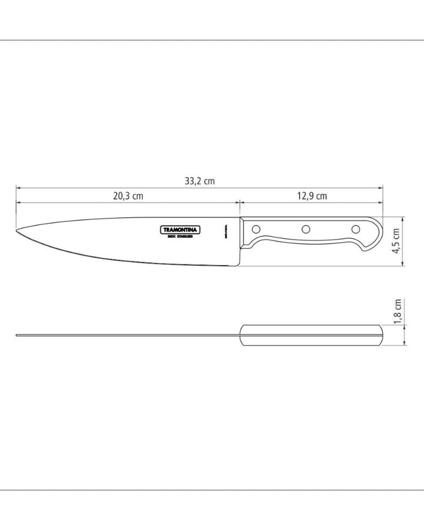 سكين طهاة ترامونتينا بولي وود مقاس 8 بوصات بشفرة من الفولاذ المقاوم للصدأ ومقبض من الخشب المعالج باللون الأحمر