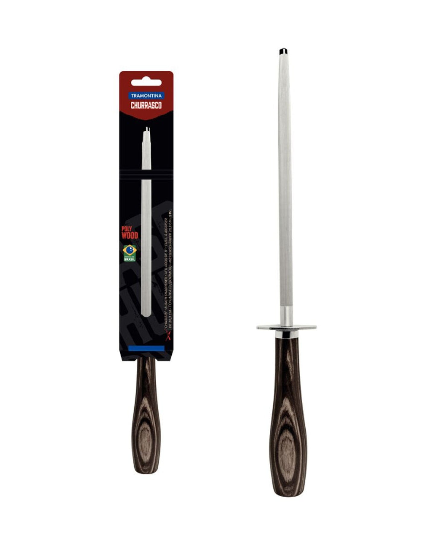 فولاذ شحذ من فولاذ كربوني مطلي بالكروم من ترامونتينا بمقبض من خشب البولي وود البني