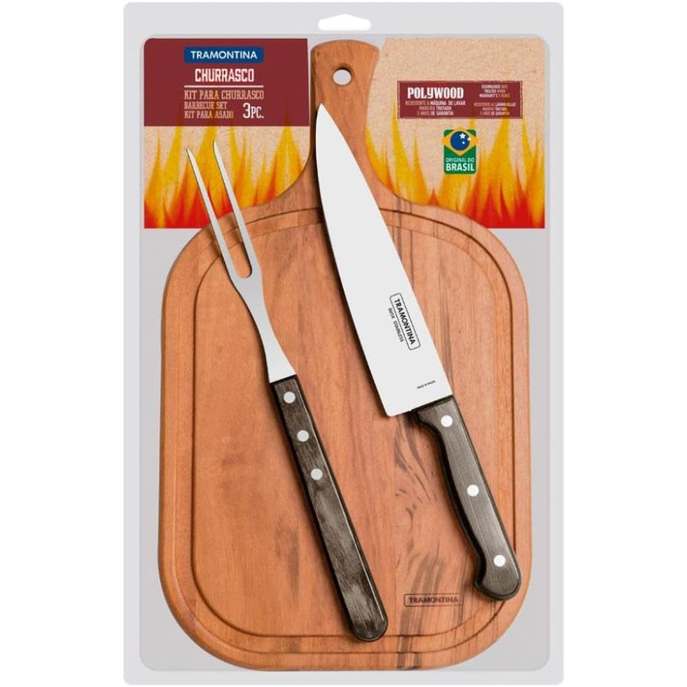 طقم تقطيع شواء ترامونتينا برازيل تشوراسكو، مكون من 3 قطع، مع شفرات من الفولاذ المقاوم للصدأ ومقابض من الخشب البني المعالج ولوح تقطيع خشبي