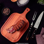 طقم تقطيع شواء ترامونتينا برازيل تشوراسكو، مكون من 3 قطع، مع شفرات من الفولاذ المقاوم للصدأ ومقابض من الخشب البني المعالج ولوح تقطيع خشبي