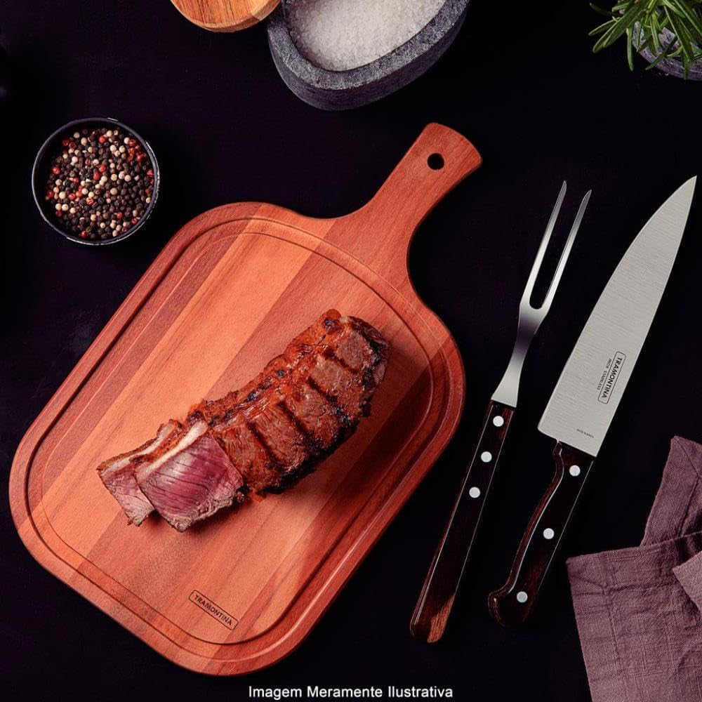 طقم تقطيع شواء ترامونتينا برازيل تشوراسكو، مكون من 3 قطع، مع شفرات من الفولاذ المقاوم للصدأ ومقابض من الخشب البني المعالج ولوح تقطيع خشبي