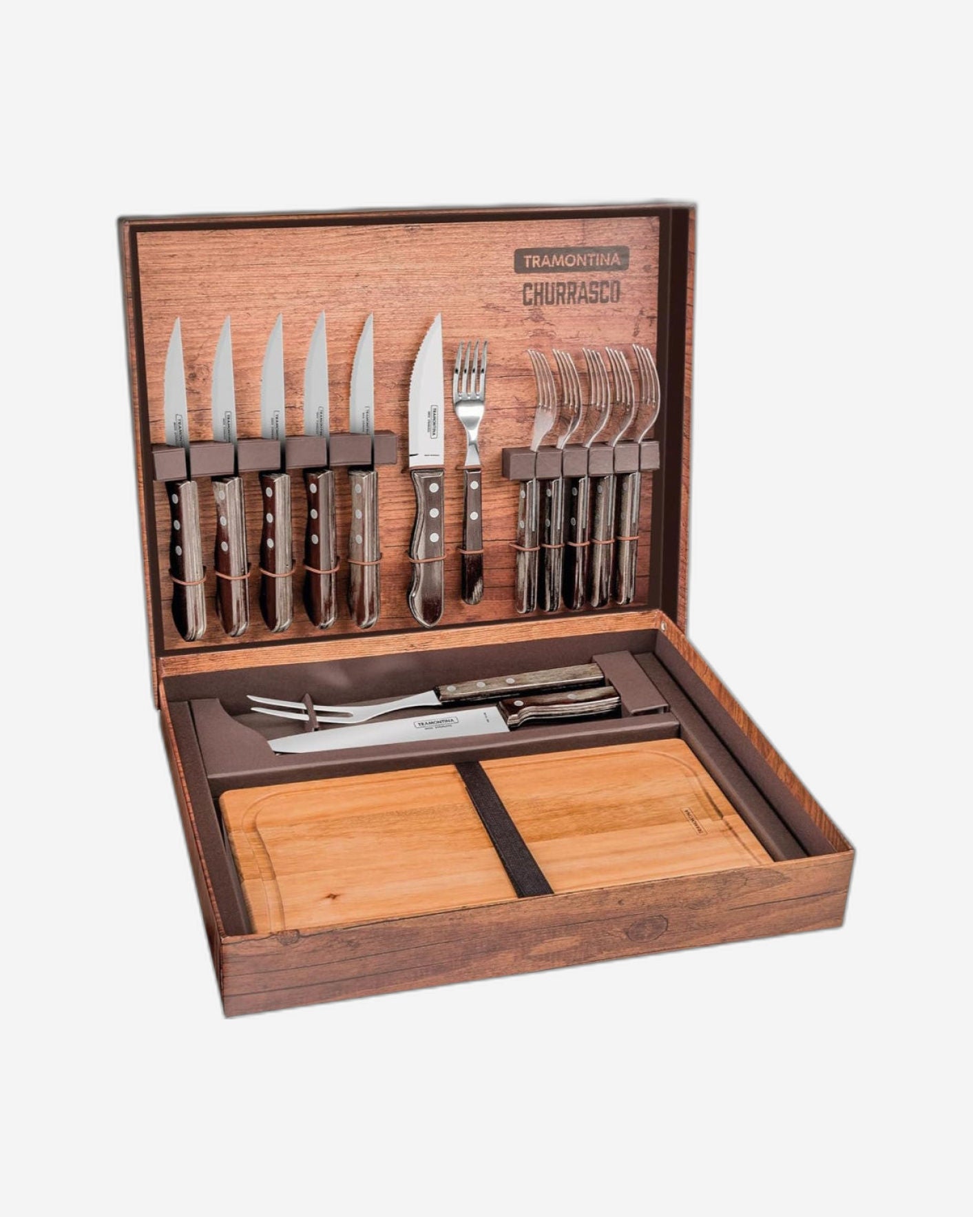 طقم شواء ترامونتينا برازيل تشوراسكو، 15 قطعة، بشفرات من الفولاذ المقاوم للصدأ ومقابض من الخشب البني المعالج مع صندوق من الورق المقوى