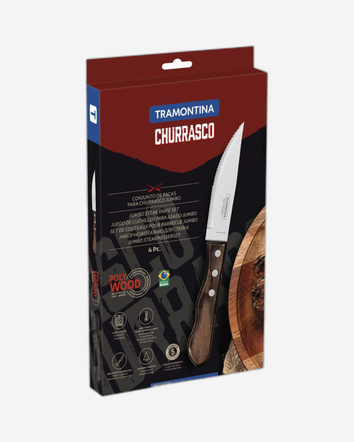 طقم سكاكين ستيك جامبو من ترامونتينا، مكون من 4 قطع، مصنوع من الفولاذ المقاوم للصدأ ومقابض من خشب البولي وود البني المعالج
