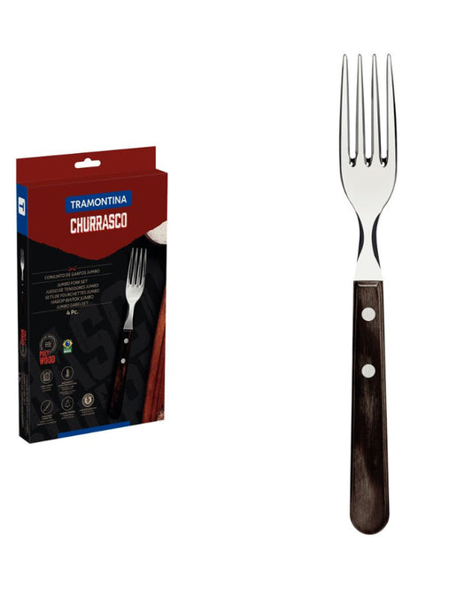 طقم شوكة لحم جامبو من ترامونتينا، مكون من 4 قطع، مصنوع من الفولاذ المقاوم للصدأ ومقابض من الخشب البني المعالج