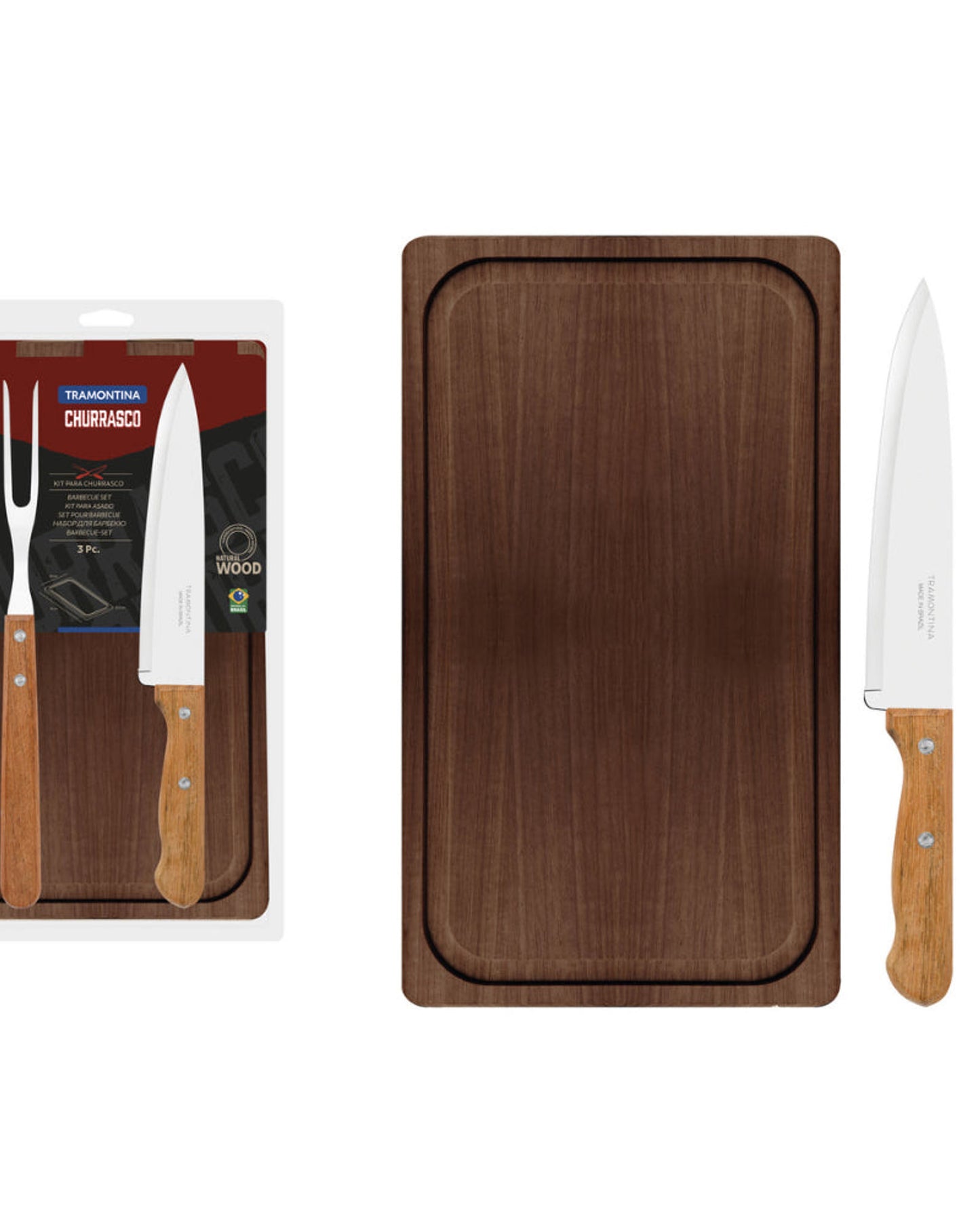 طقم شواء ترامونتينا مكون من 3 قطع بشفرات من الفولاذ المقاوم للصدأ ومقابض من الخشب الطبيعي