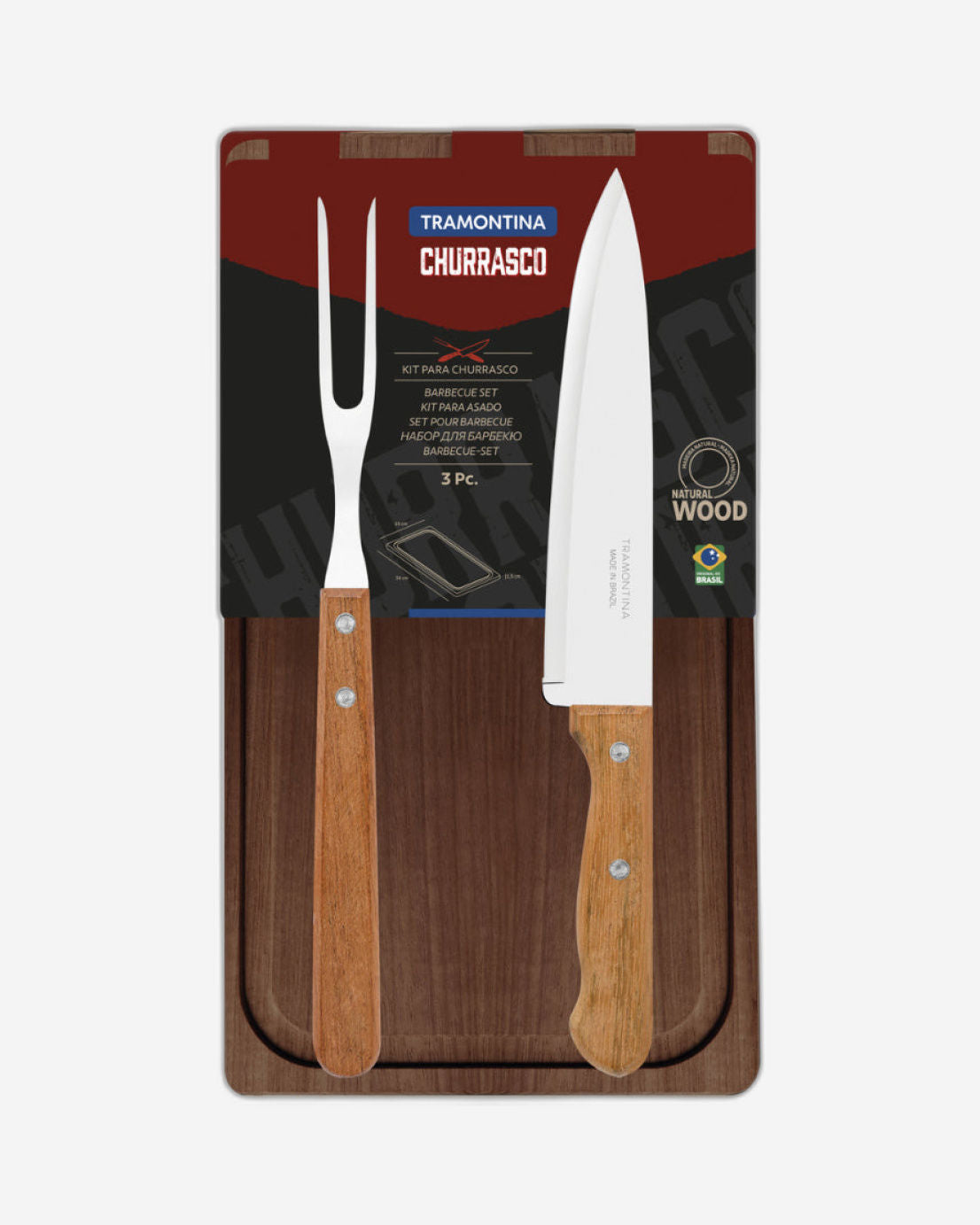 طقم شواء ترامونتينا مكون من 3 قطع بشفرات من الفولاذ المقاوم للصدأ ومقابض من الخشب الطبيعي