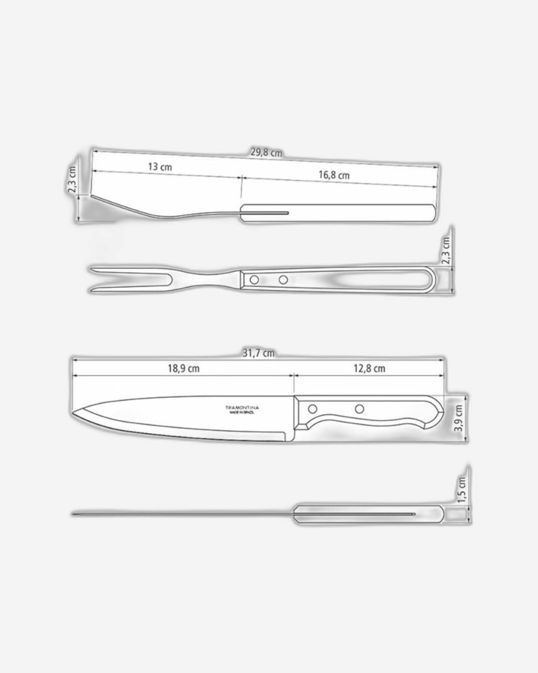 طقم شواء ترامونتينا مكون من 3 قطع بشفرات من الفولاذ المقاوم للصدأ ومقابض من الخشب الطبيعي
