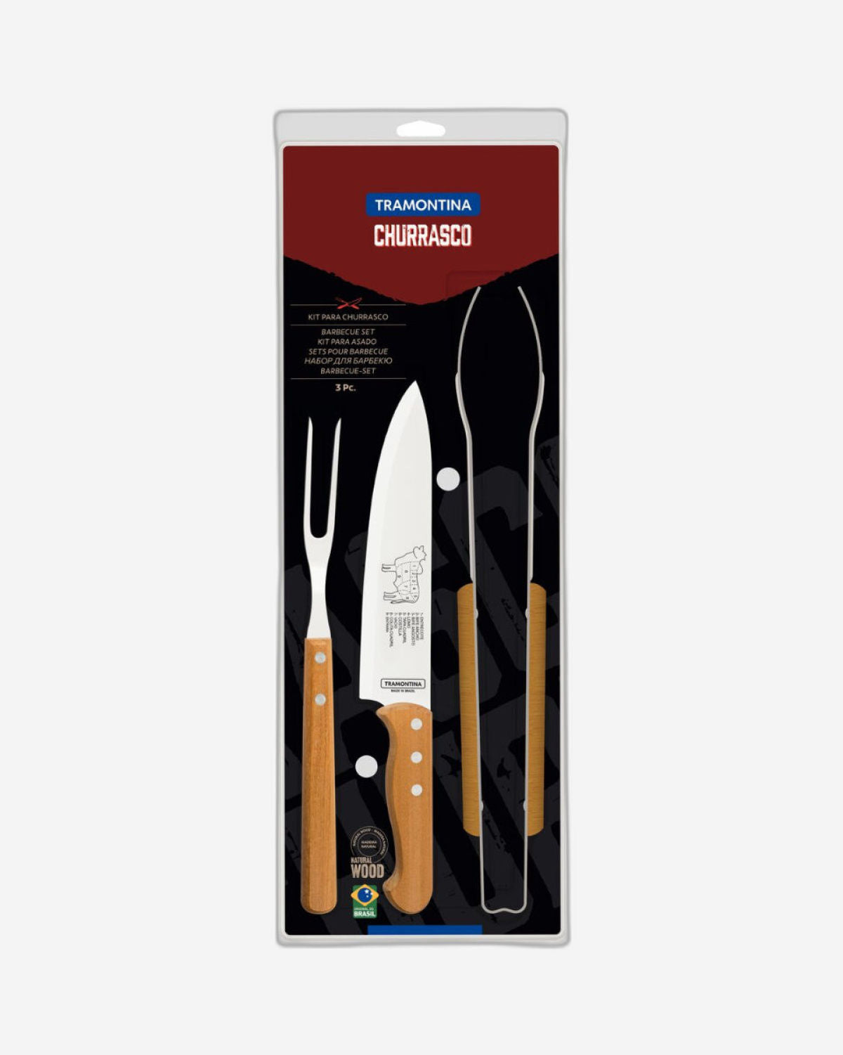 طقم شواء ترامونتينا مكون من 3 قطع بشفرات من الفولاذ المقاوم للصدأ ومقابض من الخشب الطبيعي