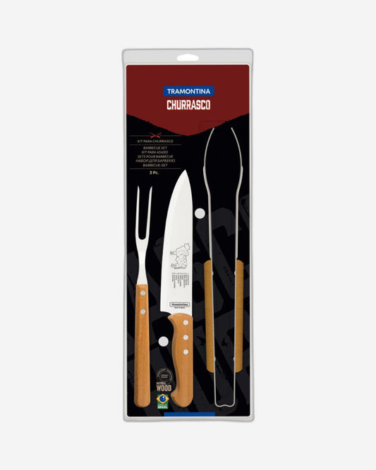 طقم شواء ترامونتينا مكون من 3 قطع بشفرات من الفولاذ المقاوم للصدأ ومقابض من الخشب الطبيعي