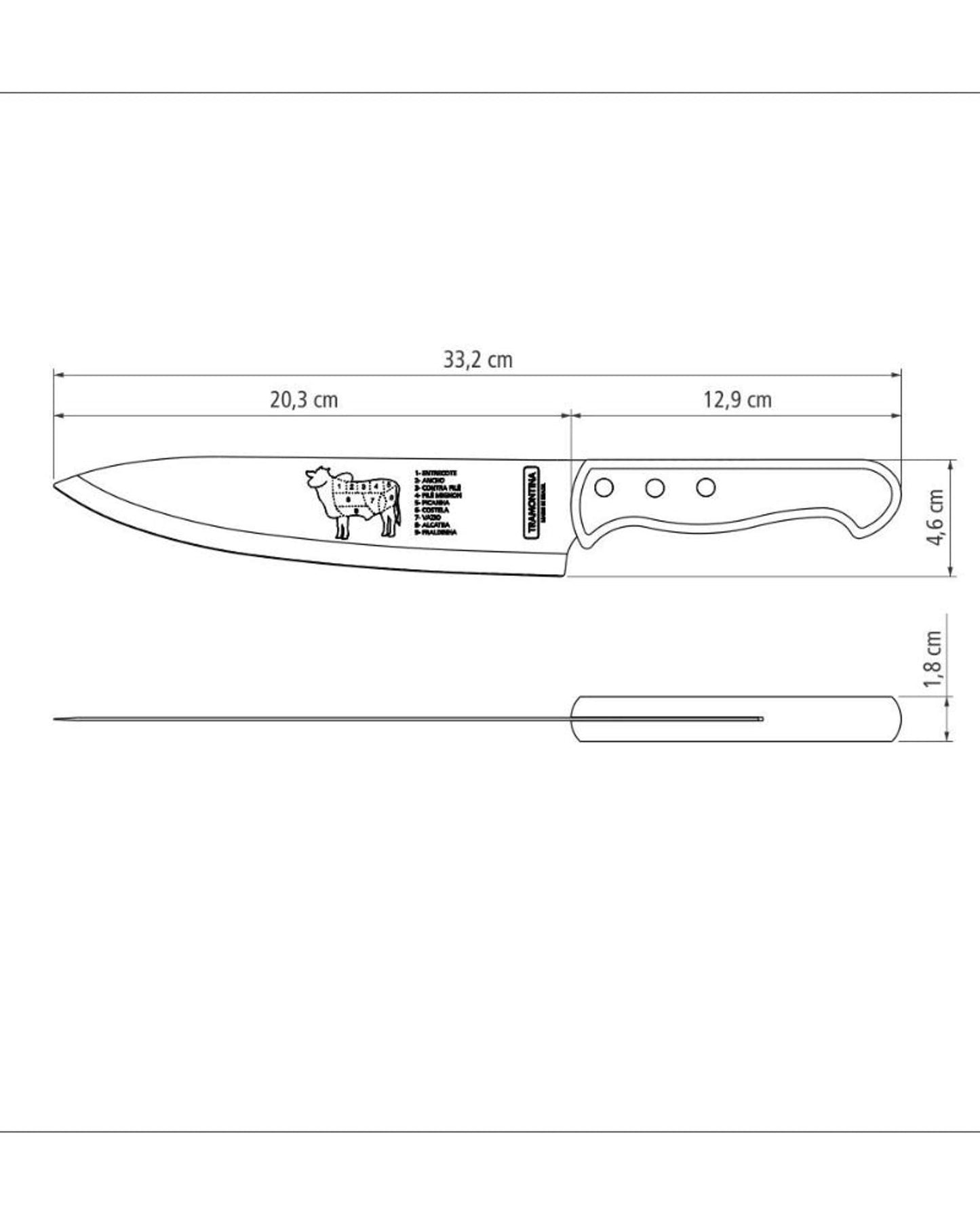 سكين لحم تشوراسكو من ترامونتينا بشفرة من الفولاذ المقاوم للصدأ ومقبض من الخشب الطبيعي 8 بوصات