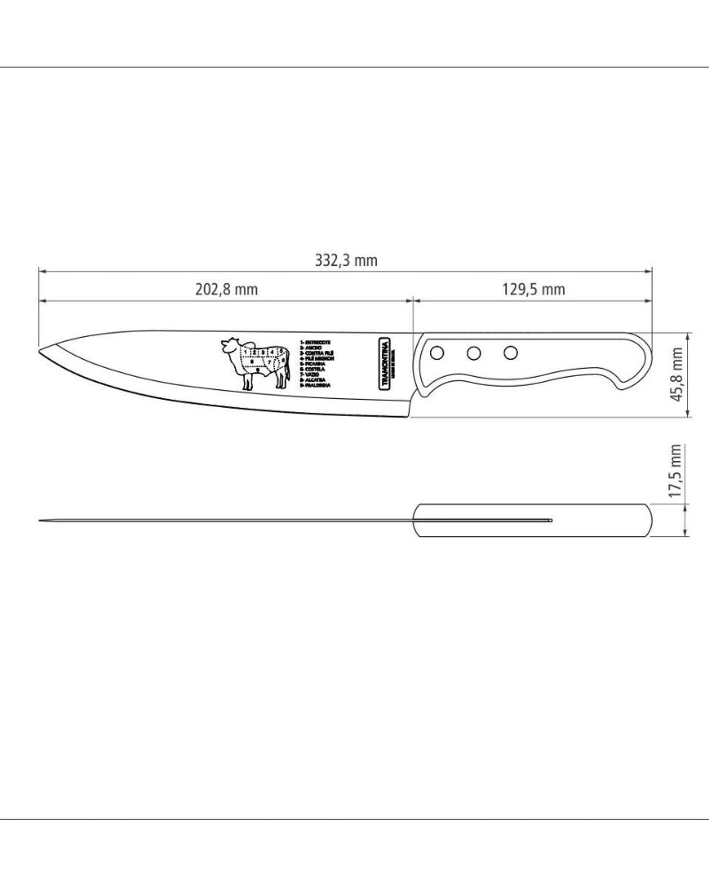 سكين لحم تشوراسكو من ترامونتينا بشفرة من الفولاذ المقاوم للصدأ ومقبض من الخشب الطبيعي 8 بوصات