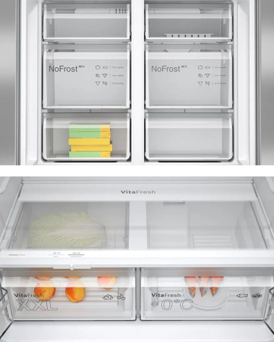 ثلاجة بوش ذات الباب الفرنسي بتقنية نو فروست فيتا فريش المصنوعة من الفولاذ 