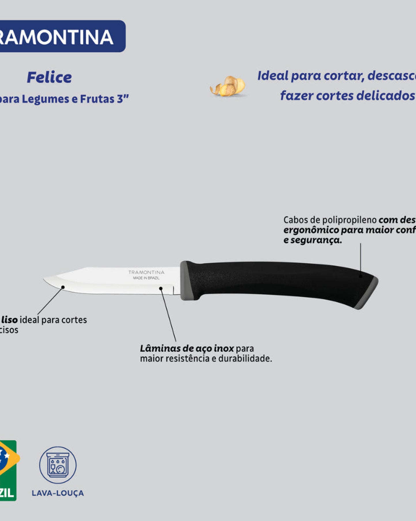 طقم سكاكين ترامونتينا فيليس المكون من قطعتين للخضراوات والفواكه بشفرات من الفولاذ المقاوم للصدأ ومقابض من البولي بروبيلين الأسود