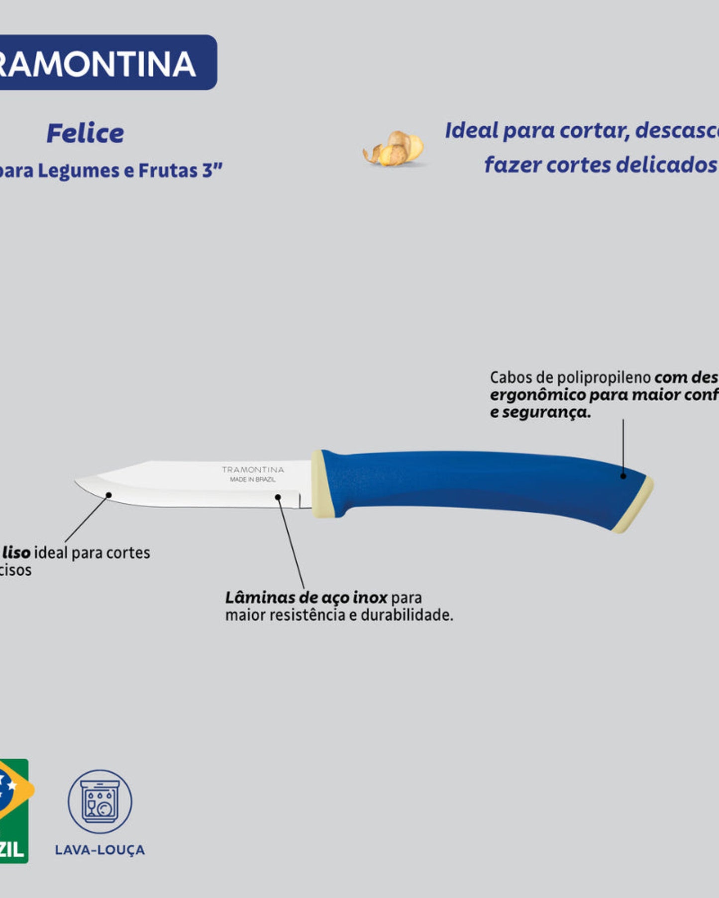 طقم سكاكين ترامونتينا فيليس المكون من قطعتين للخضراوات والفواكه بشفرات من الفولاذ المقاوم للصدأ ومقابض من البولي بروبيلين الأزرق