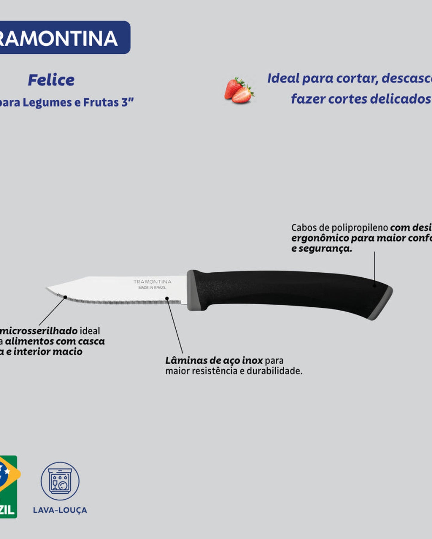 طقم سكاكين ترامونتينا فيليس المكون من قطعتين للخضراوات والفواكه، بشفرات من الفولاذ المقاوم للصدأ، وحواف مسننة دقيقة، ومقابض من البولي بروبيلين الأسود.