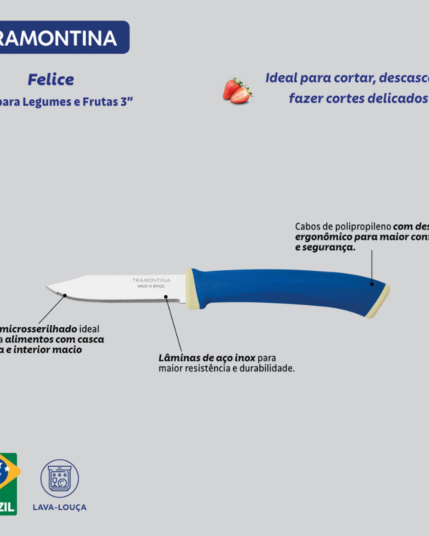 طقم سكاكين ترامونتينا فيليس المكون من قطعتين للخضراوات والفواكه بشفرات من الفولاذ المقاوم للصدأ ومقابض من البولي بروبيلين الأزرق
