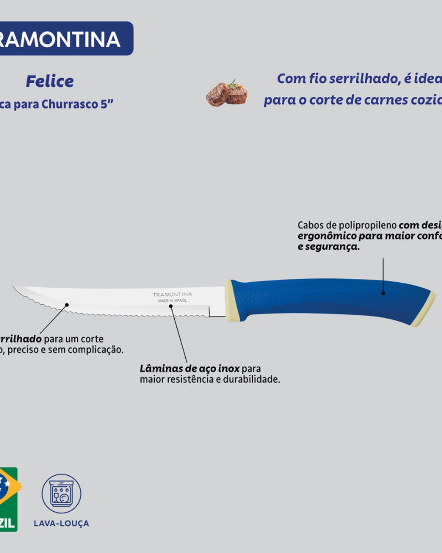 طقم سكاكين شرائح اللحم من ترامونتينا فيليس مكون من قطعتين بشفرات من الفولاذ المقاوم للصدأ ومقابض من البولي بروبيلين الأزرق
