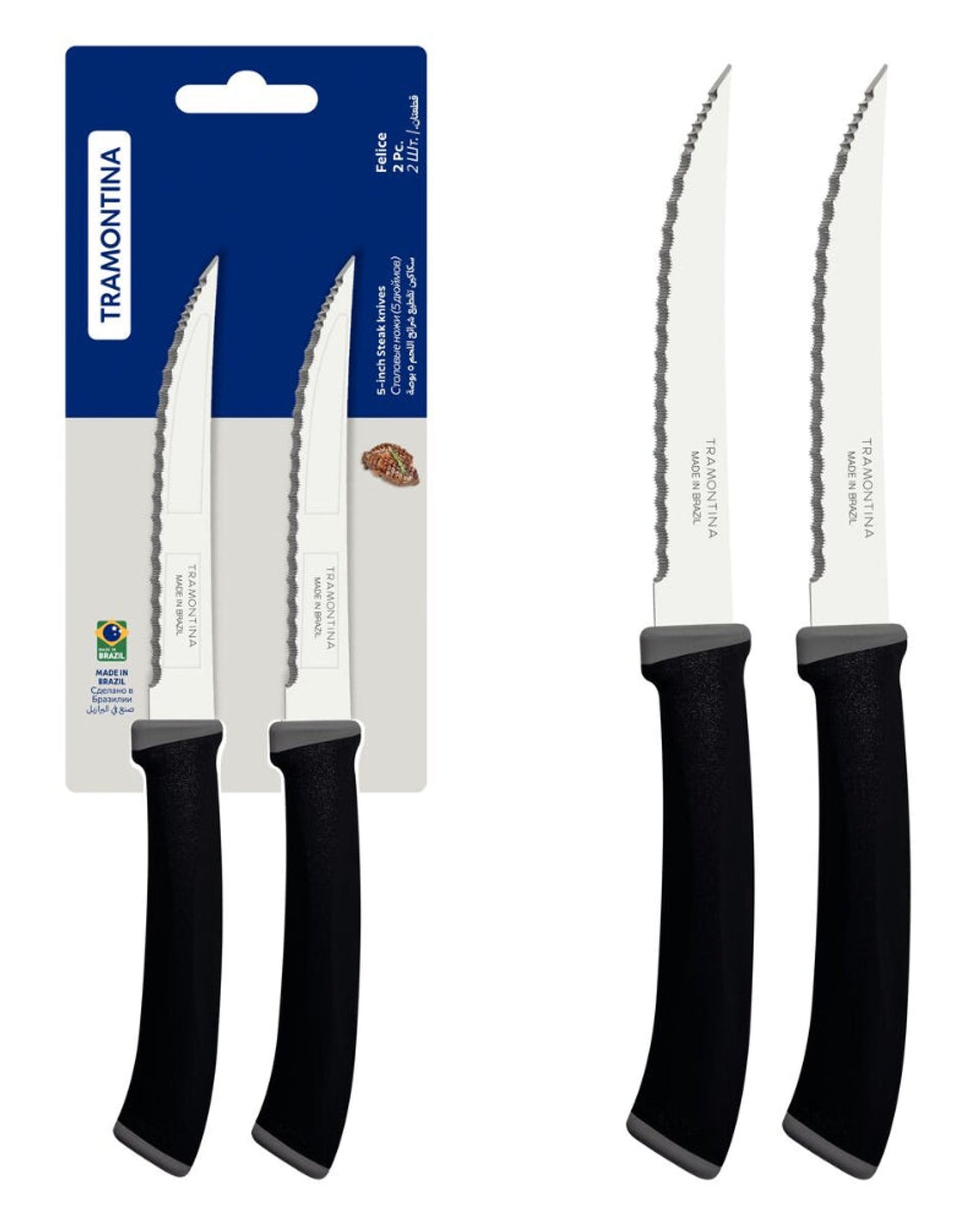 طقم سكاكين شرائح اللحم من ترامونتينا فيليس، قطعتان، بشفرات من الفولاذ المقاوم للصدأ، وحواف مسننة دقيقة، ومقابض من البولي بروبيلين الأسود.