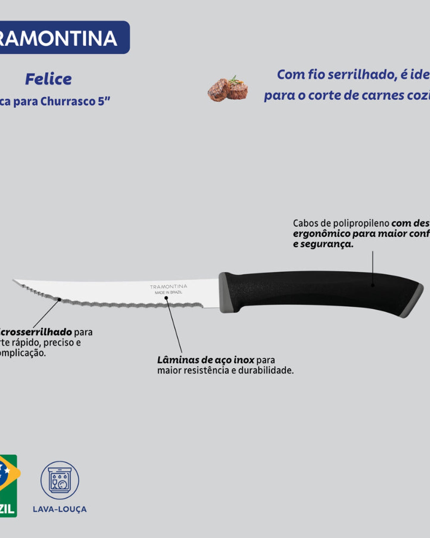 طقم سكاكين شرائح اللحم من ترامونتينا فيليس، قطعتان، بشفرات من الفولاذ المقاوم للصدأ، وحواف مسننة دقيقة، ومقابض من البولي بروبيلين الأسود.