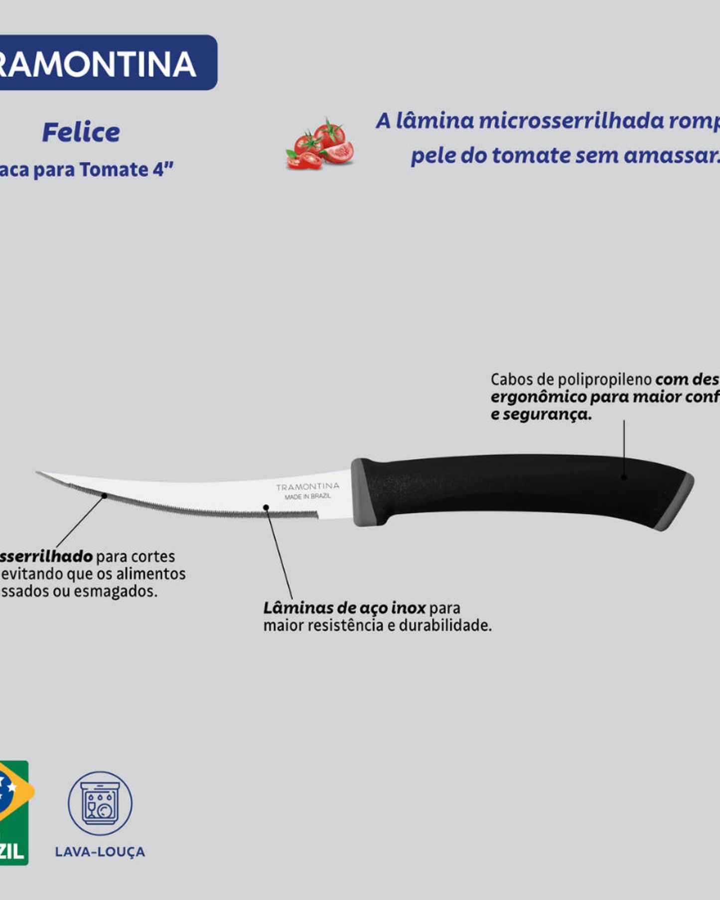 طقم سكاكين الطماطم ترامونتينا فيليس المكون من قطعتين، بشفرات من الفولاذ المقاوم للصدأ ومقابض من البولي بروبيلين الأسود.