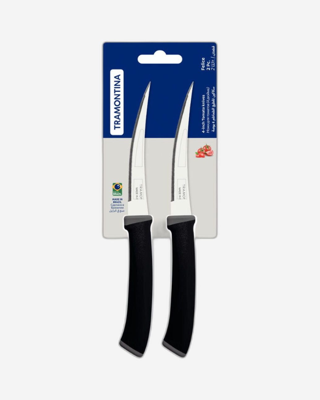 طقم سكاكين الطماطم ترامونتينا فيليس المكون من قطعتين، بشفرات من الفولاذ المقاوم للصدأ ومقابض من البولي بروبيلين الأسود.