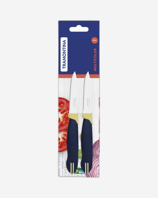 طقم سكاكين ترامونتينا متعددة الألوان للخضراوات والفواكه بشفرات من الفولاذ المقاوم للصدأ ومقابض من البولي بروبيلين باللونين الأزرق والكريمي، قطعتان