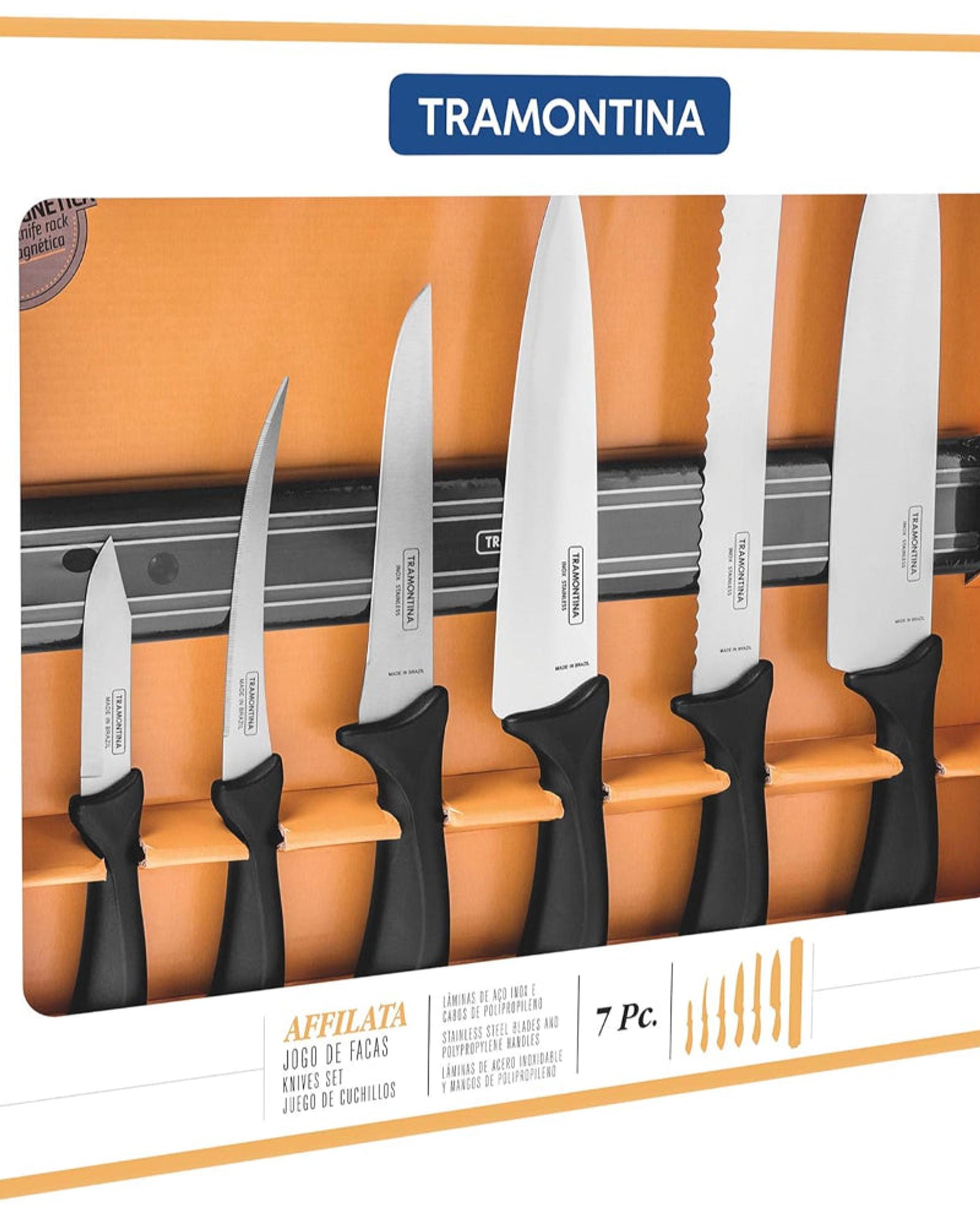 طقم رف وسكين مغناطيسي من ترامونتينا برازيل أفيلاتا، 7 قطع، بشفرة من الفولاذ المقاوم للصدأ ومقبض من البولي بروبيلين الأسود