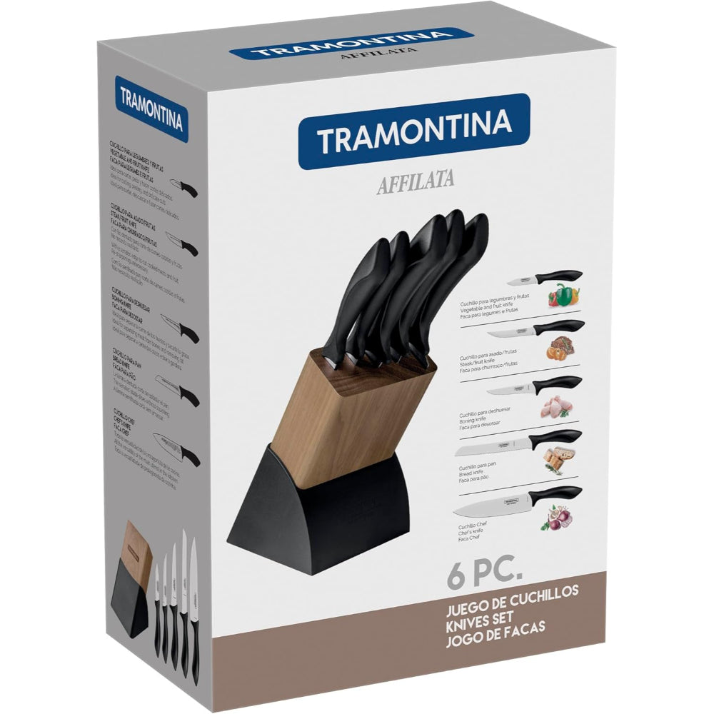 طقم سكاكين ترامونتينا برازيل أفيلاتا، 6 قطع، بشفرة من الفولاذ المقاوم للصدأ ومقبض من البولي بروبيلين الأسود