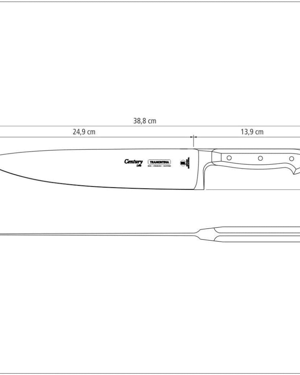 سكين الطاهي ترامونتينا برازيل سينشري مقاس 10 بوصات بشفرة من الفولاذ المقاوم للصدأ ومقبض من البولي كربونات الأسود