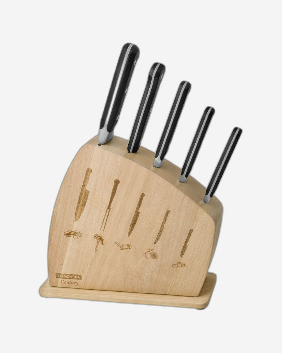 طقم سكاكين ترامونتينا سينشري بشفرات من الفولاذ المقاوم للصدأ، ومقابض من البولي كربونات والألياف الزجاجية، وحامل خشبي، طقم من 6 قطع