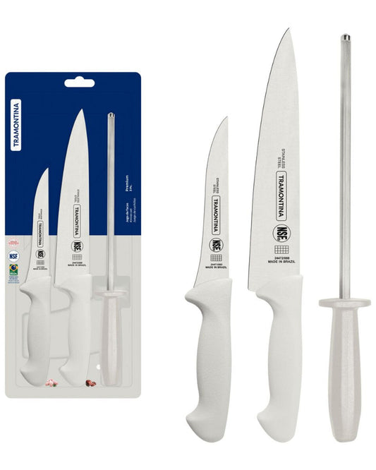 طقم سكاكين ترامونتينا الفاخر من الفولاذ المقاوم للصدأ بمقابض من البولي بروبيلين الأبيض وقضيب شحذ، مكون من 3 قطع