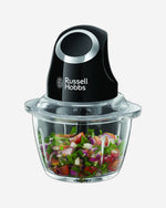 مفرمة صغيرة من راسل هوبز مع وعاء زجاجي وشفرة من الفولاذ المقاوم للصدأ