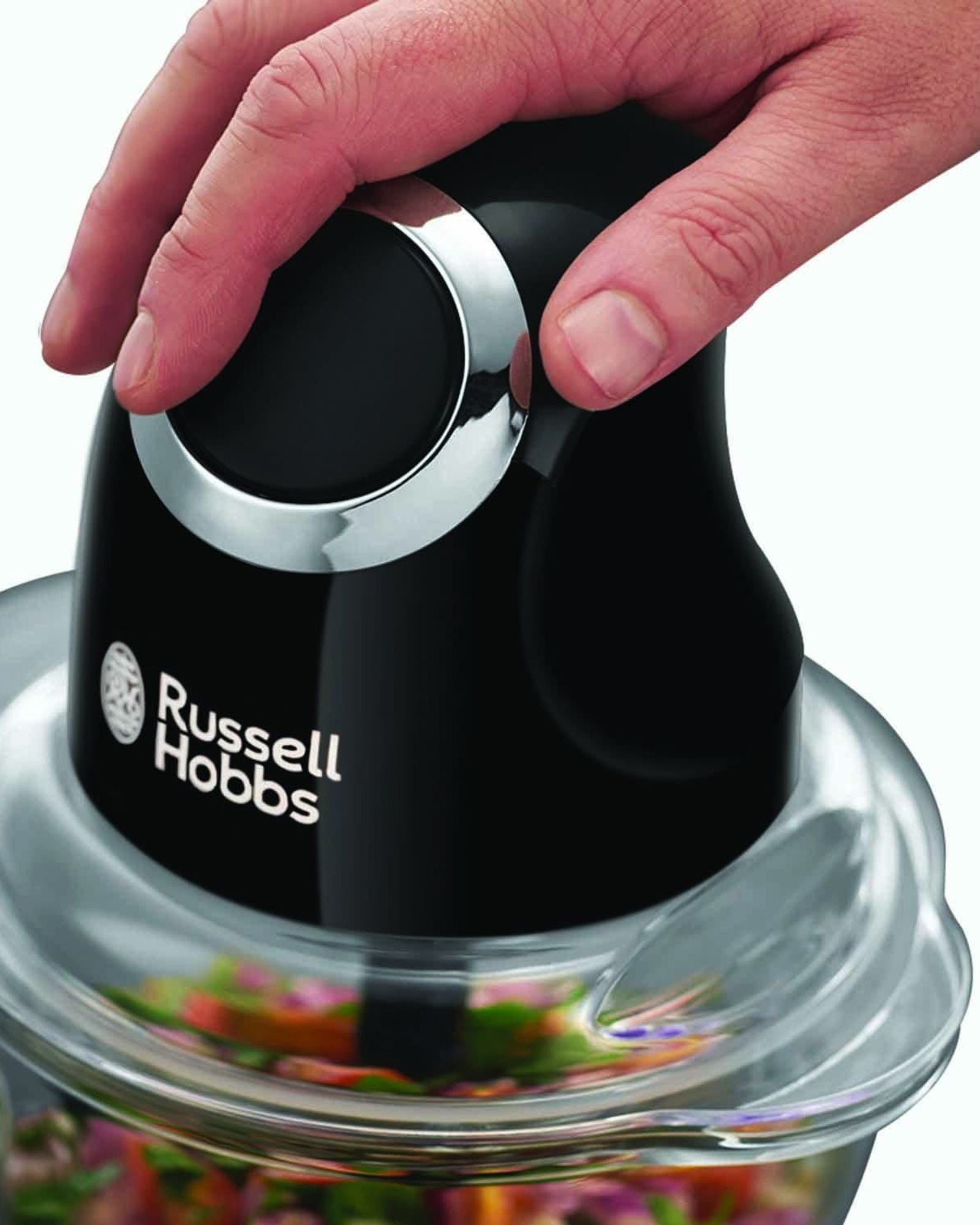 مفرمة صغيرة من راسل هوبز مع وعاء زجاجي وشفرة من الفولاذ المقاوم للصدأ