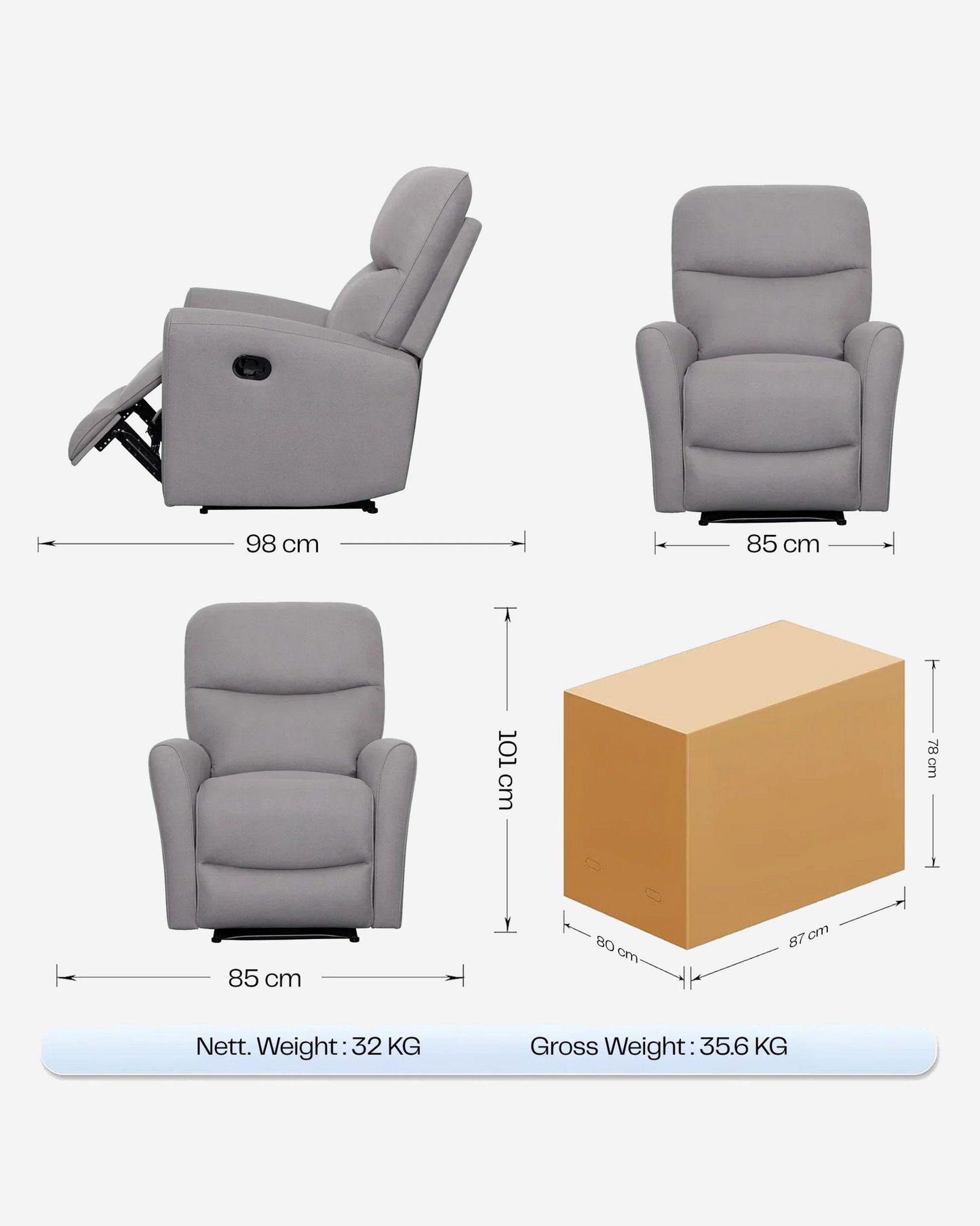 Rotai Grace Recliner Single Seater Grey