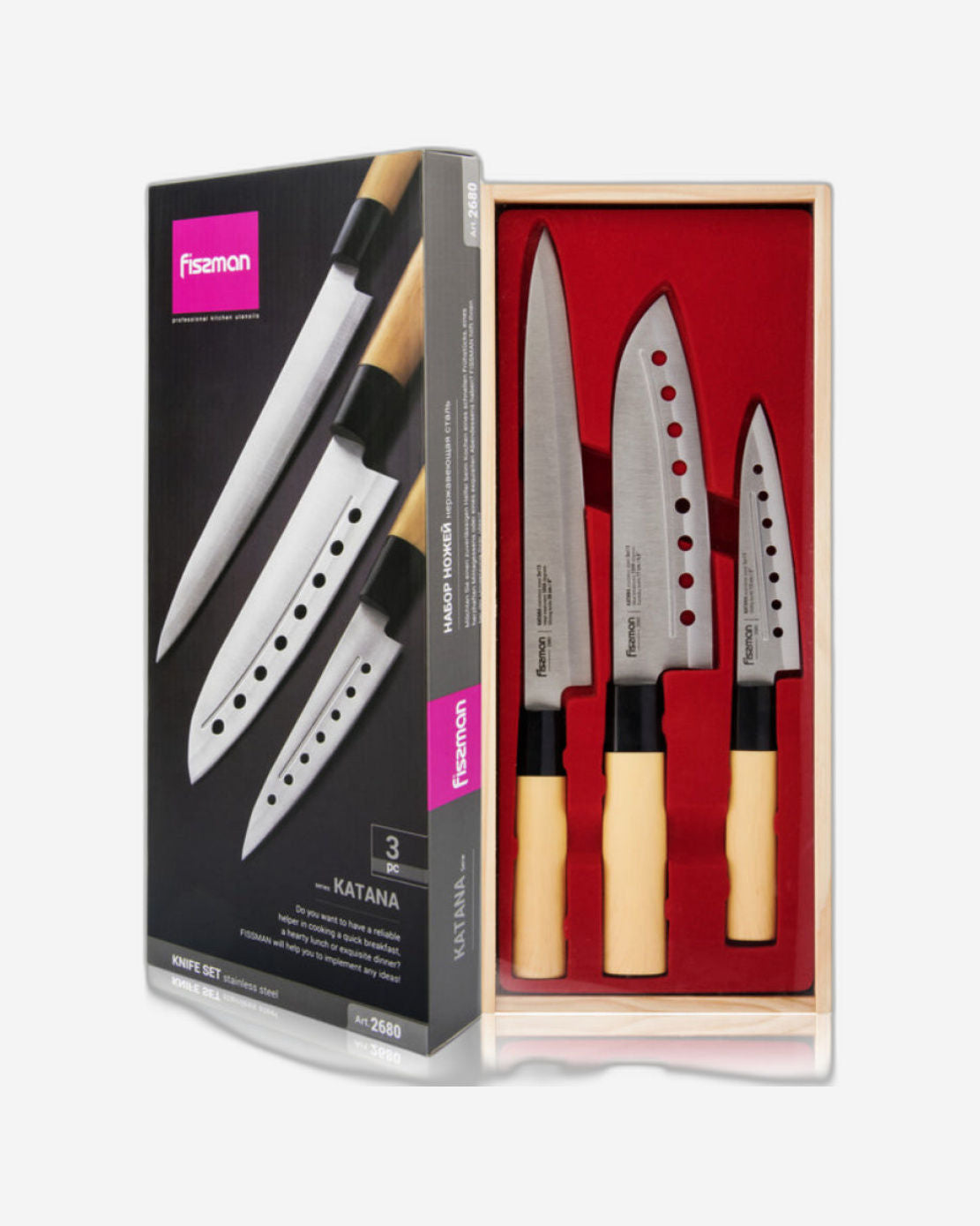 سكاكين كاتانا غير لاصقة من فيسمان، 3 قطع، لون بني/فضي، 32.5 سم