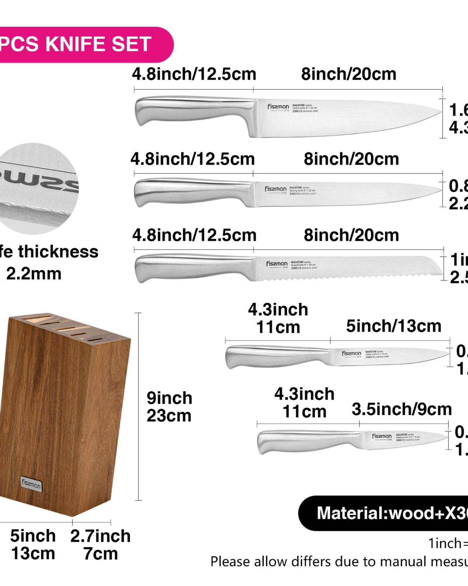طقم سكاكين فيسمان ناجاتومي من 6 قطع مع كتلة خشبية من خشب الأكاسيا من الفولاذ X30Cr13، سكين طاهٍ بطول 20 سم، سكين تقطيع بطول 20 سم، سكين خبز بطول 20 سم، سكين متعدد الاستخدامات بطول 13 سم، سكين تقطيع بطول 9 سم، طقم كامل مع حامل