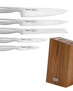 طقم سكاكين فيسمان ناجاتومي من 6 قطع مع كتلة خشبية من خشب الأكاسيا من الفولاذ X30Cr13، سكين طاهٍ بطول 20 سم، سكين تقطيع بطول 20 سم، سكين خبز بطول 20 سم، سكين متعدد الاستخدامات بطول 13 سم، سكين تقطيع بطول 9 سم، طقم كامل مع حامل