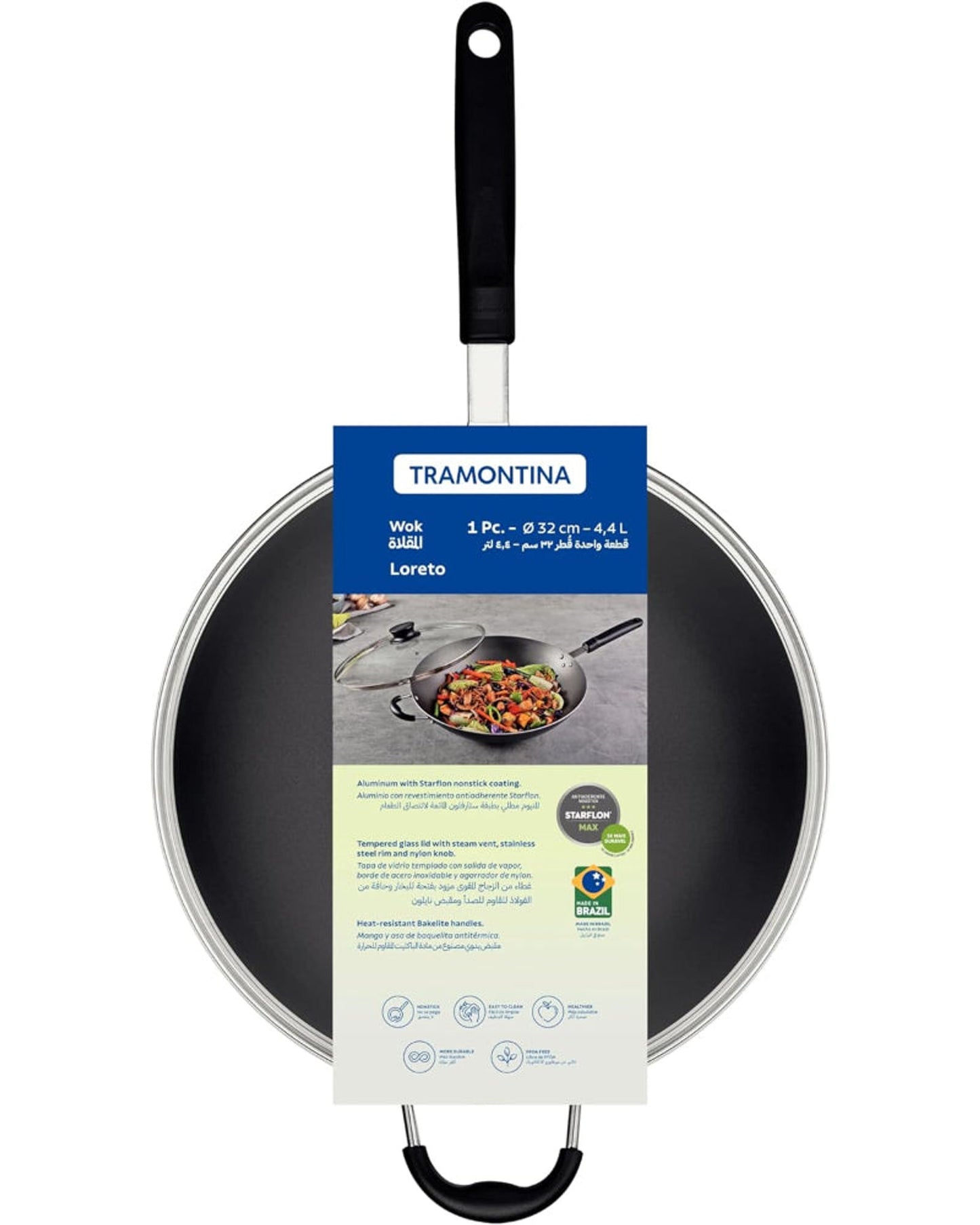 مقلاة ووك ترامونتينا برازيل لوريتو 32 سم 4.4 لتر من الألومنيوم الجرافيتي مع طلاء ستارفلون ماكس الداخلي غير اللاصق