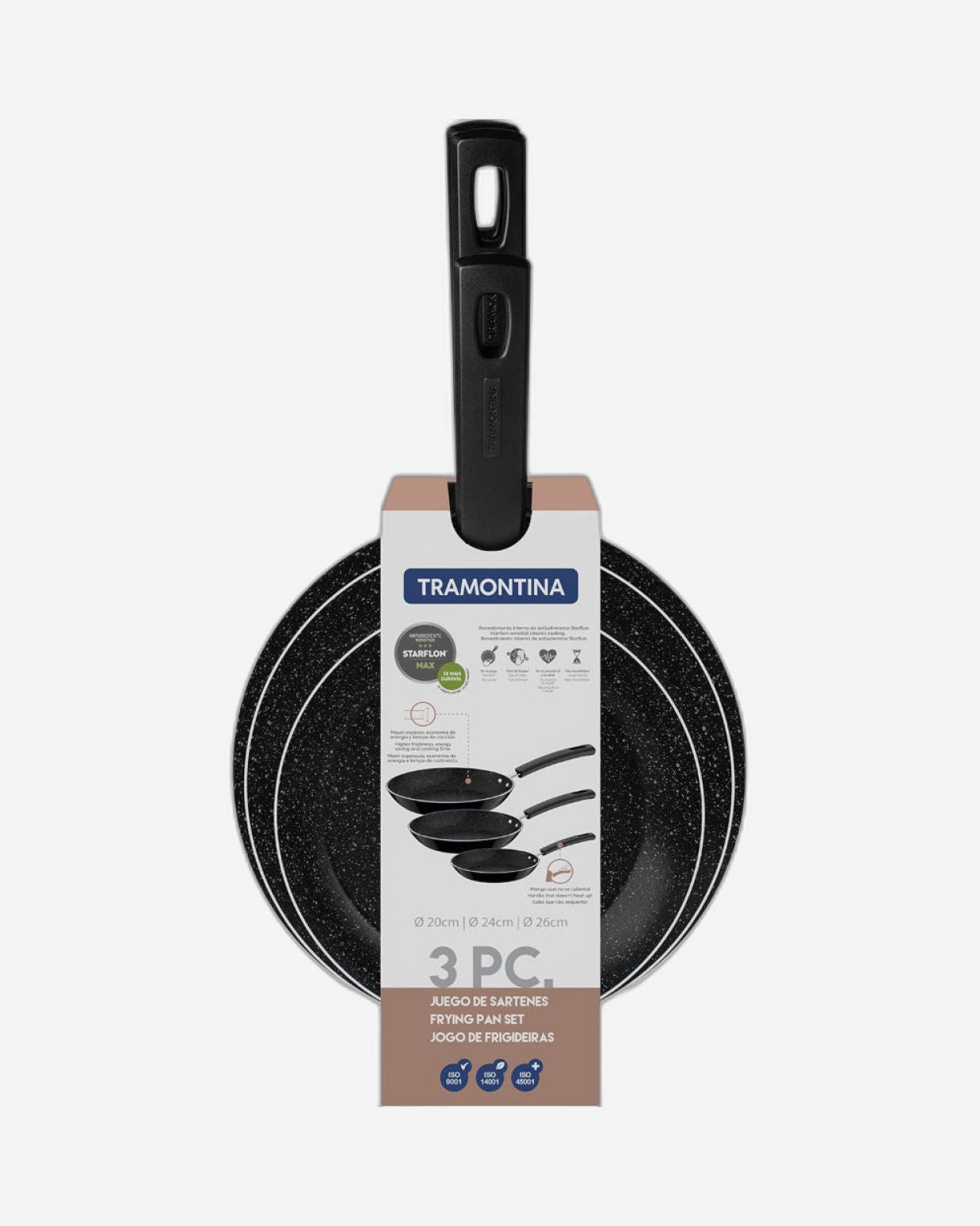 طقم مقلاة ترامونتينا برازيل تشيلسي من 3 قطع من الألومنيوم الأسود مع طلاء ستارفلون ماكس غير لاصق داخلي وخارجي خالٍ من حمض بيرفلورو الأوكتانويك (PFOA) مقاس 20 سم + 24 سم + 26 سم