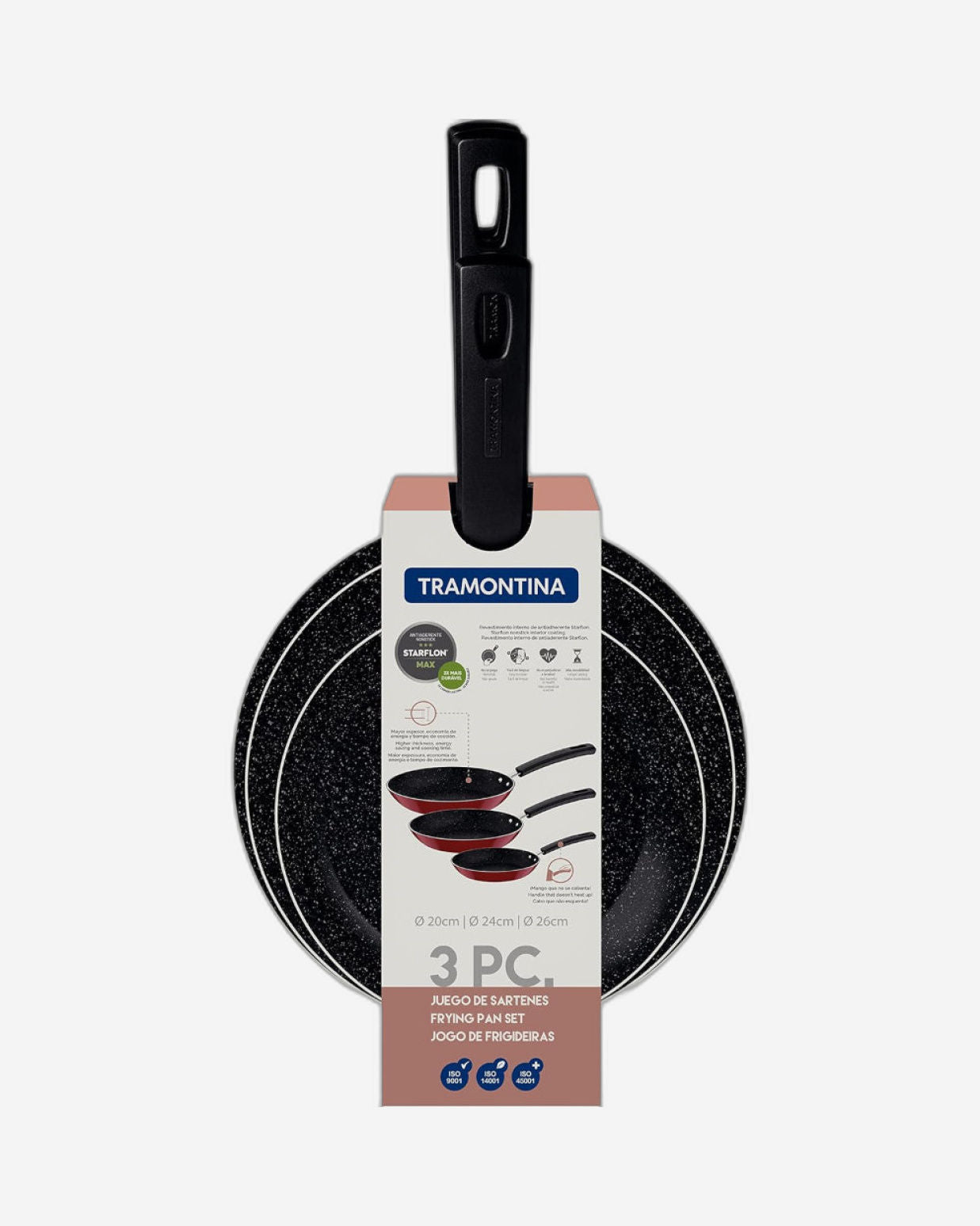 طقم مقلاة ترامونتينا برازيل تشيلسي من 3 قطع من الألومنيوم الأسود مع طلاء ستارفلون ماكس غير لاصق داخلي وخارجي خالٍ من حمض بيرفلورو الأوكتانويك (PFOA) مقاس 20 سم + 24 سم + 26 سم