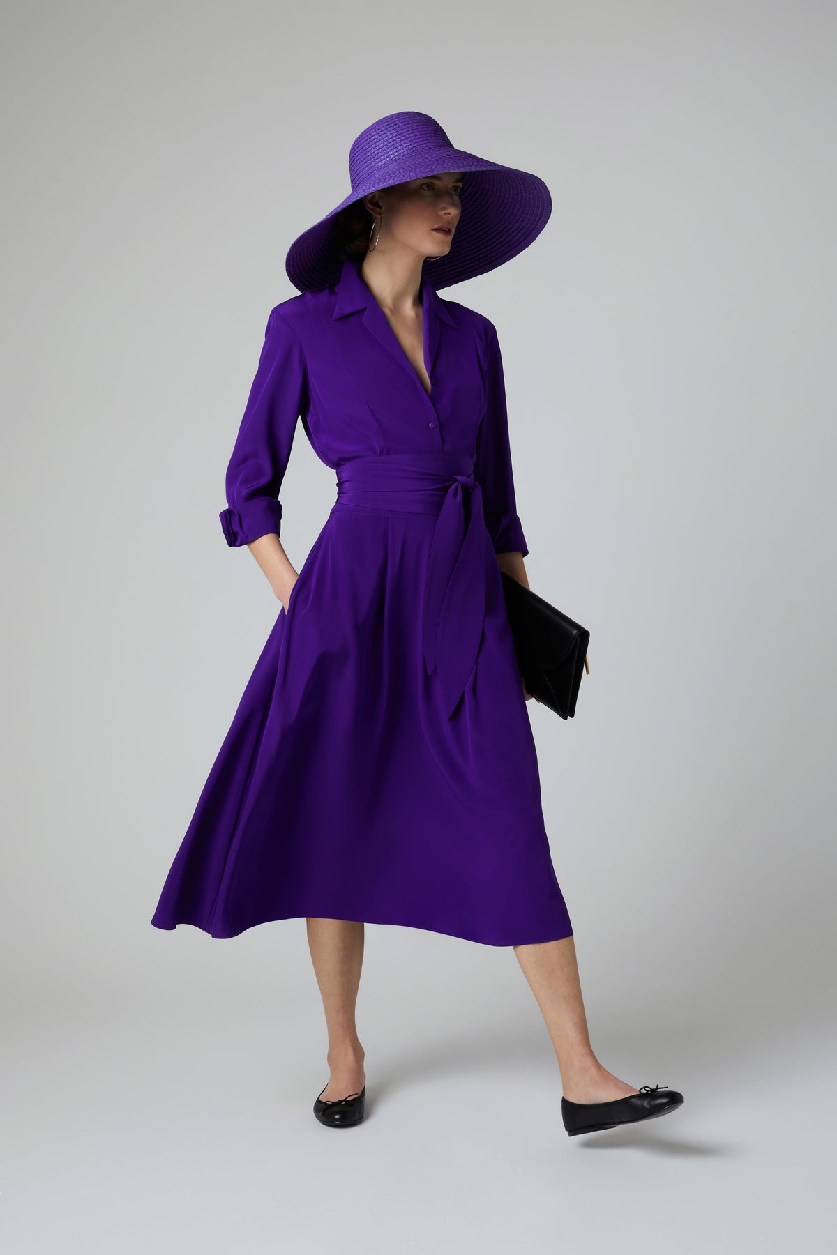 Fleur Silk Full Skirt Shirt Dress in Purple