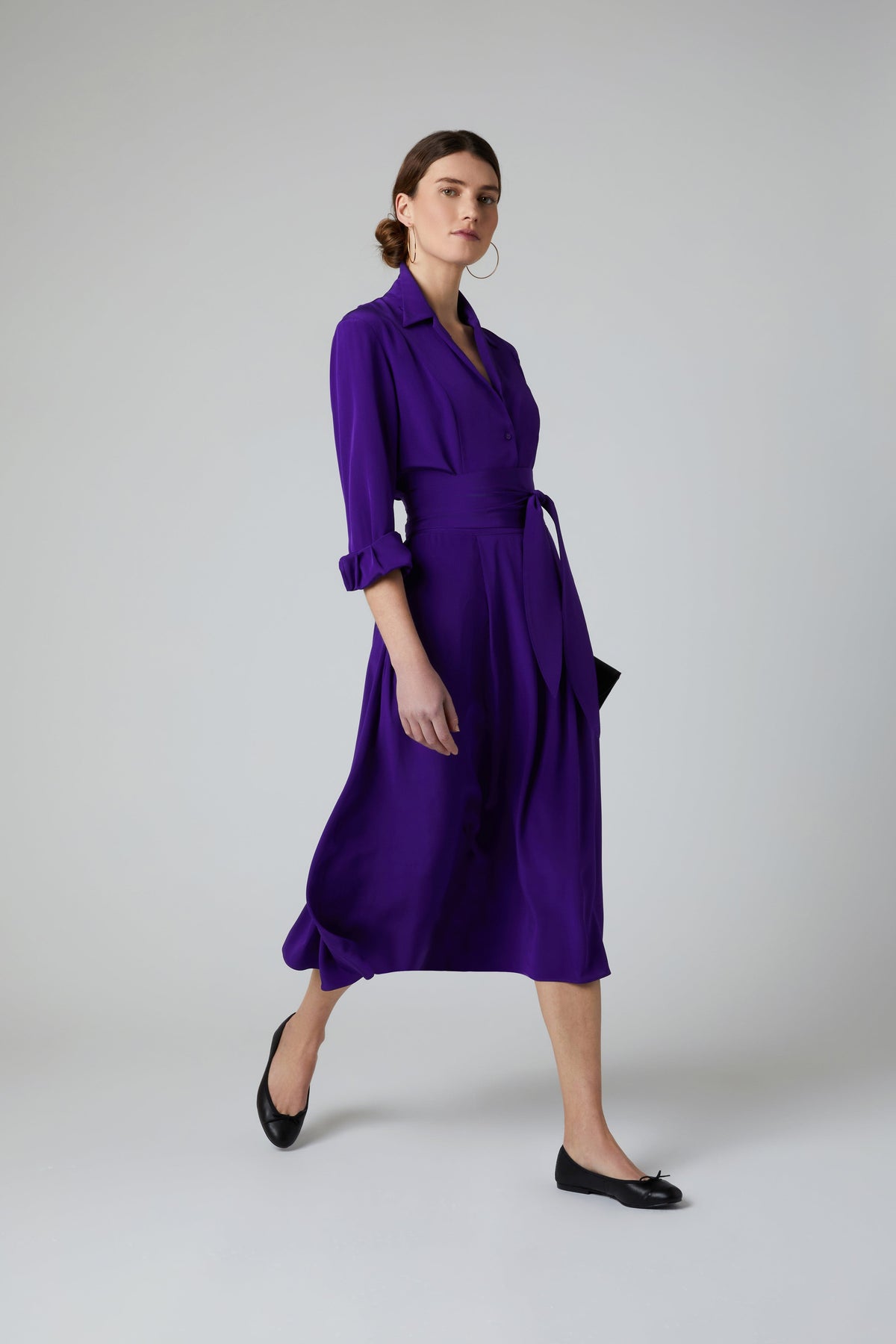 Fleur Silk Full Skirt Shirt Dress in Purple