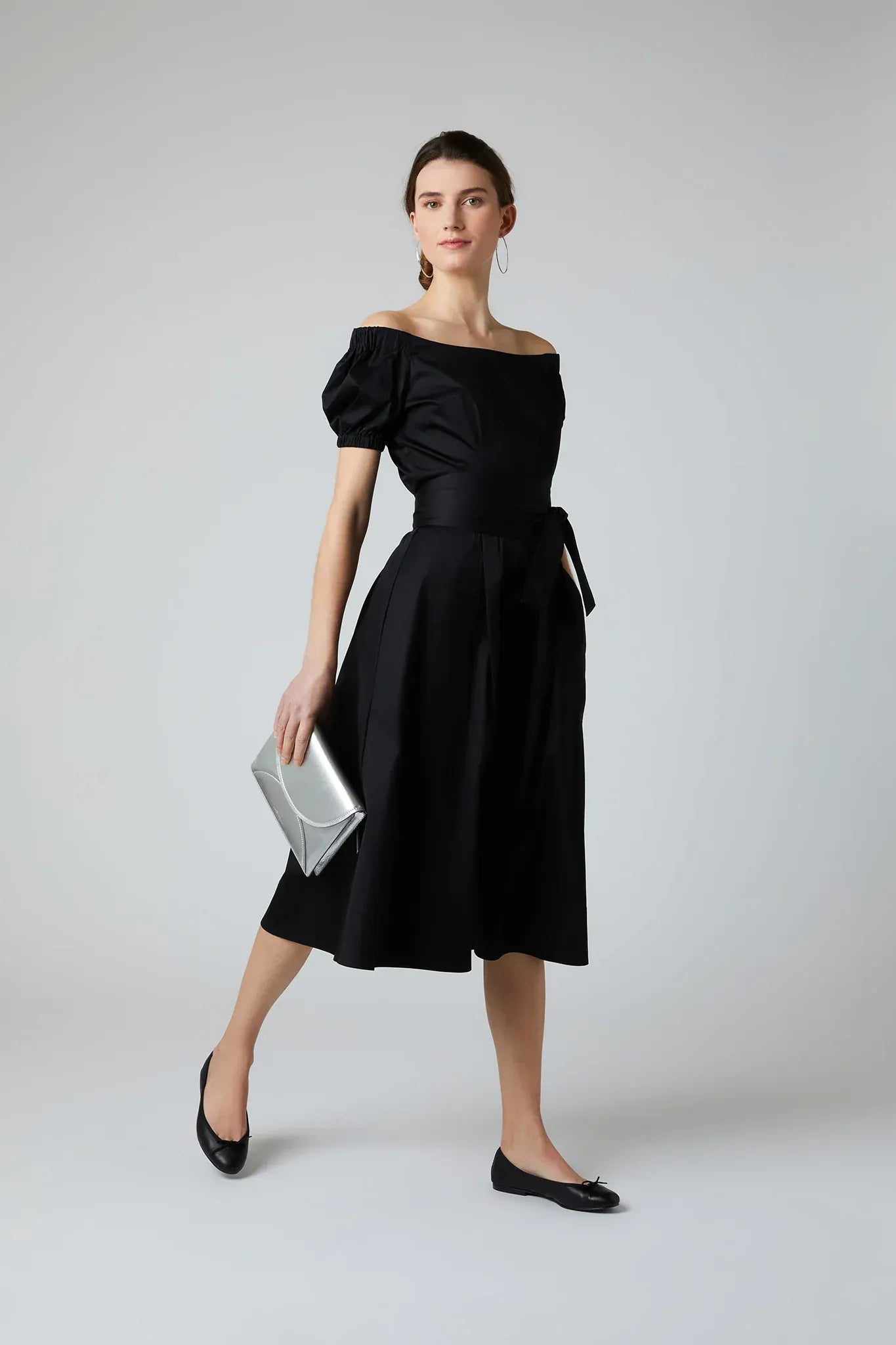 Fen Bardot Full Skirt Dress in Black