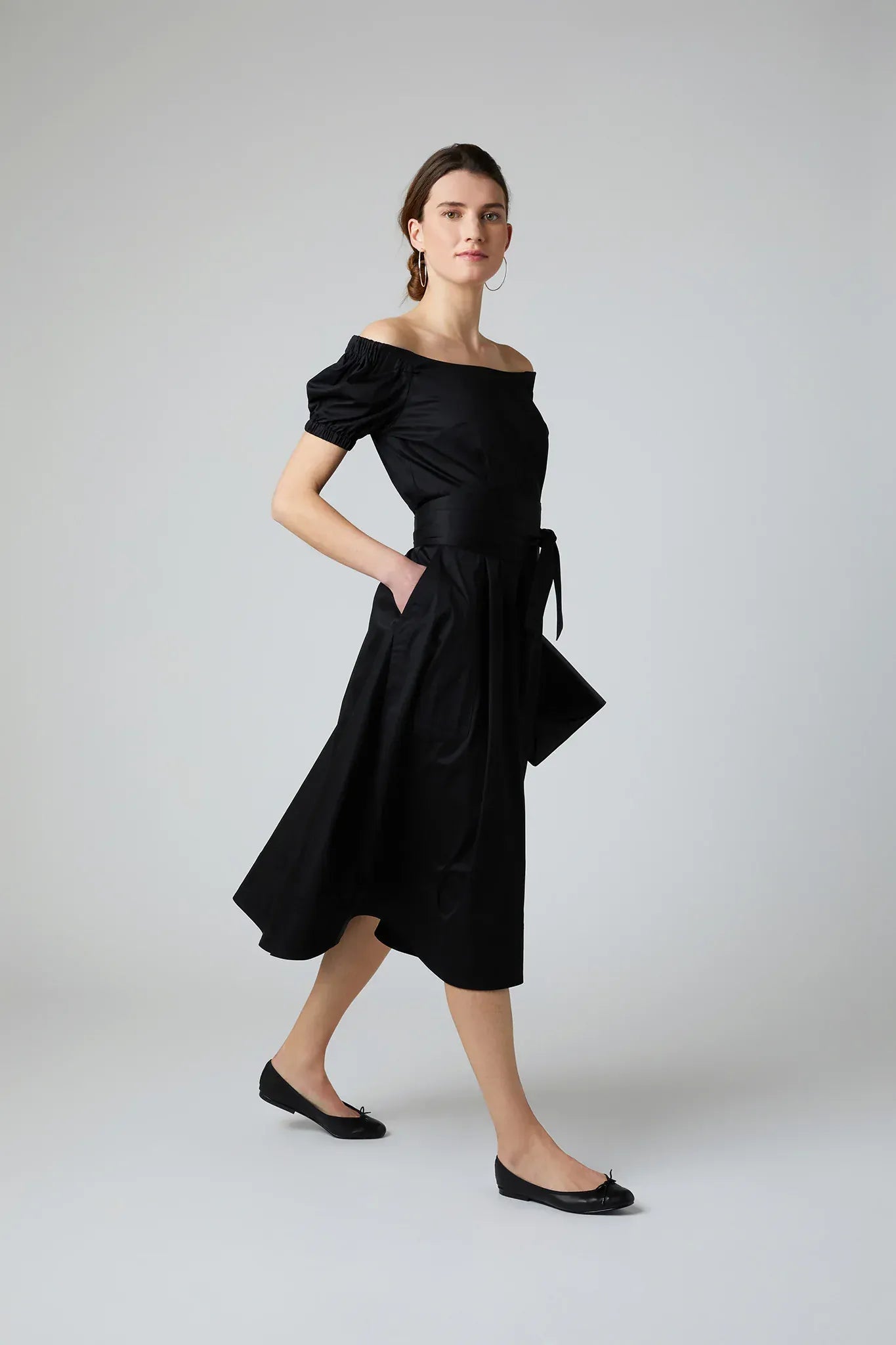 Fen Bardot Full Skirt Dress in Black