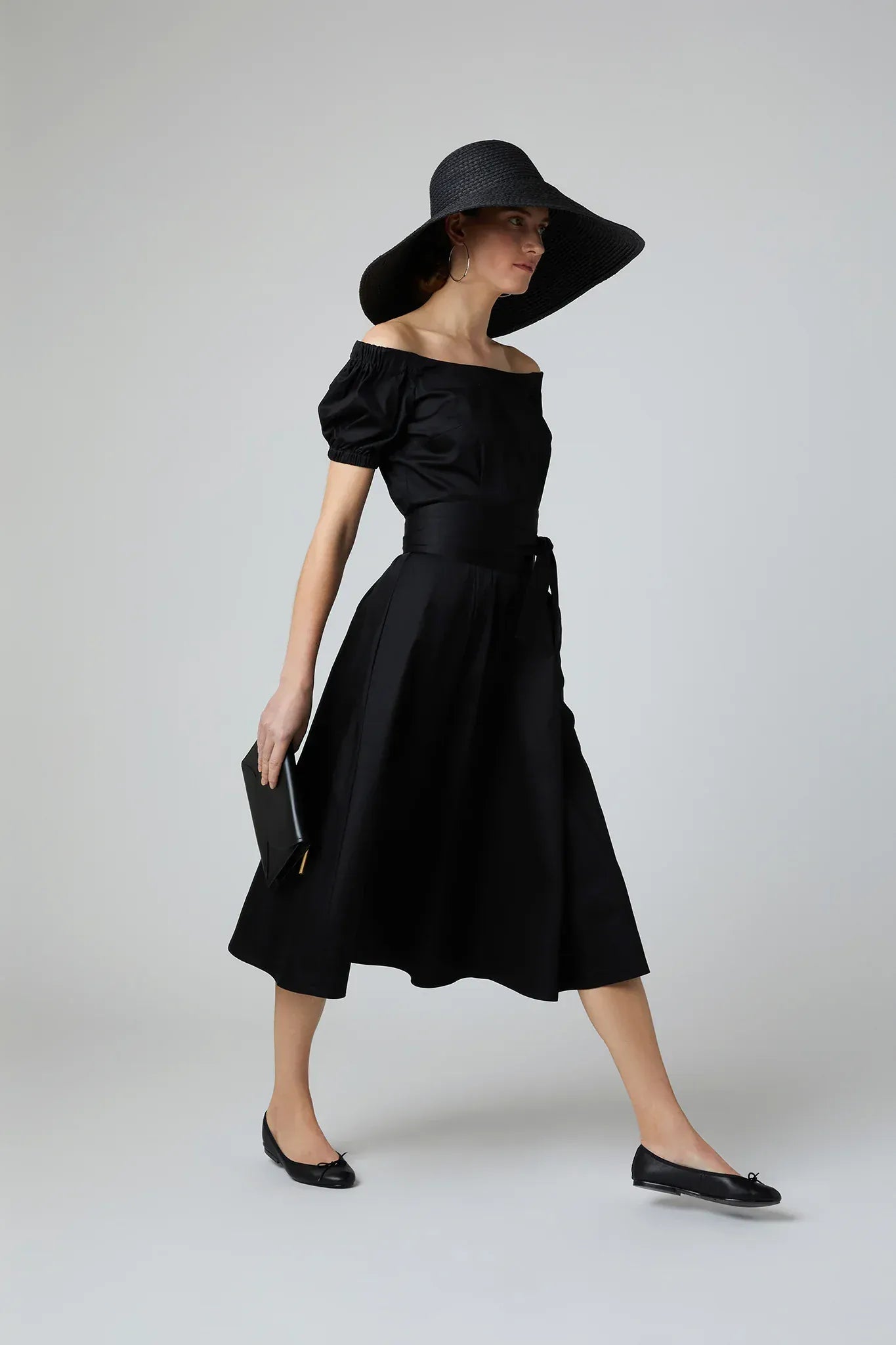 Fen Bardot Full Skirt Dress in Black